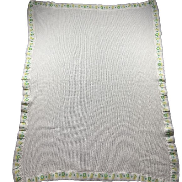 Vintage Curity Thermal Waffle Weave Knit Satin Trimmed Baby Blanket Lion Bunny - Picture 1 of 8